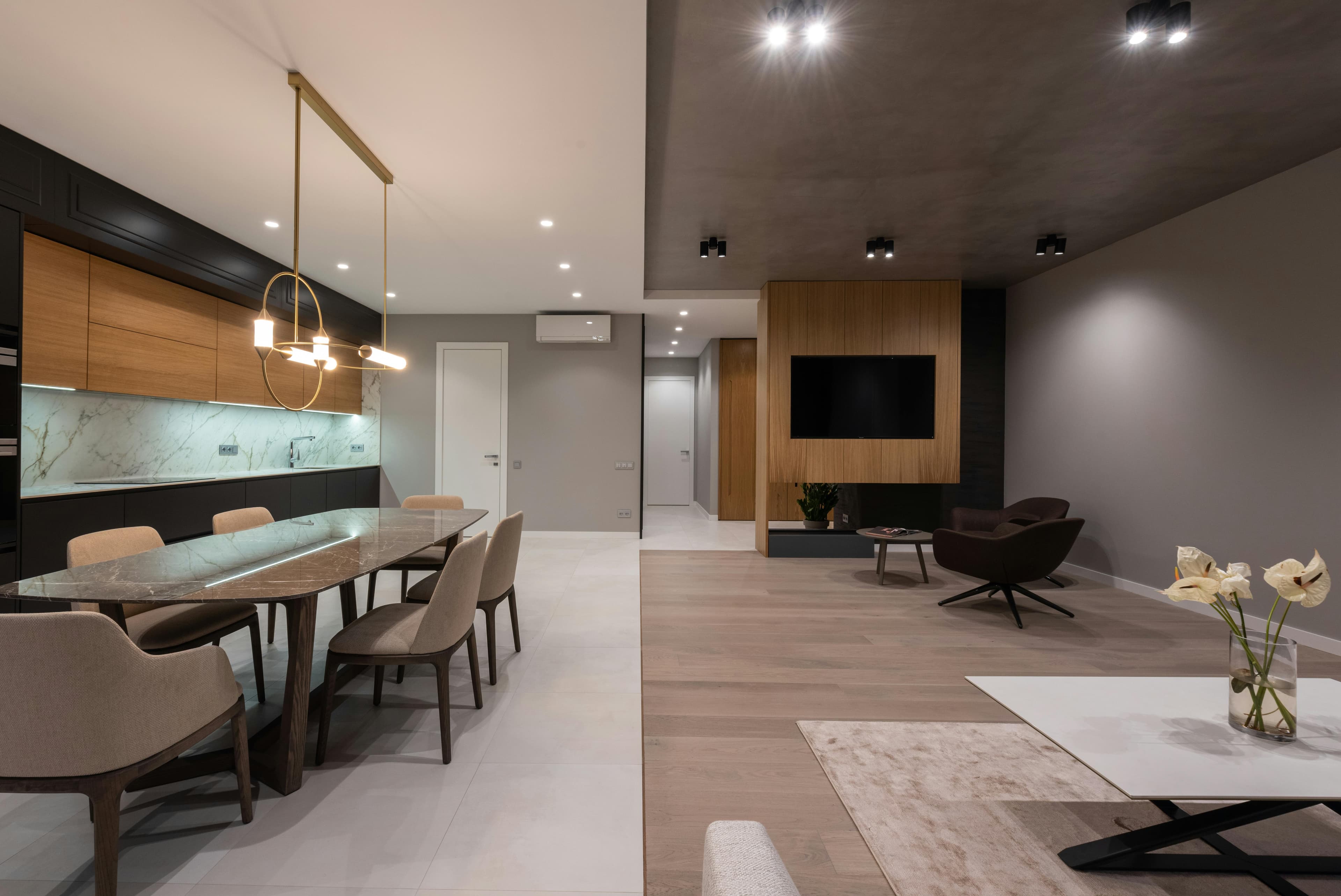 Modern chandelier in a refined living room